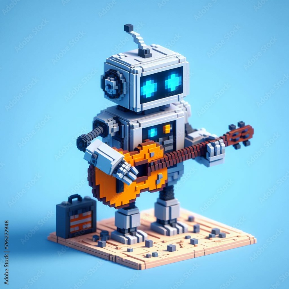 Voxel isometric robot 3D model toy playing a guitar