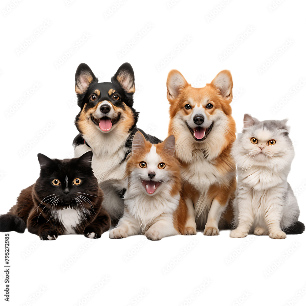 Realistic photo of happy dogs and cats sitting together on a white background, in PNG format.
