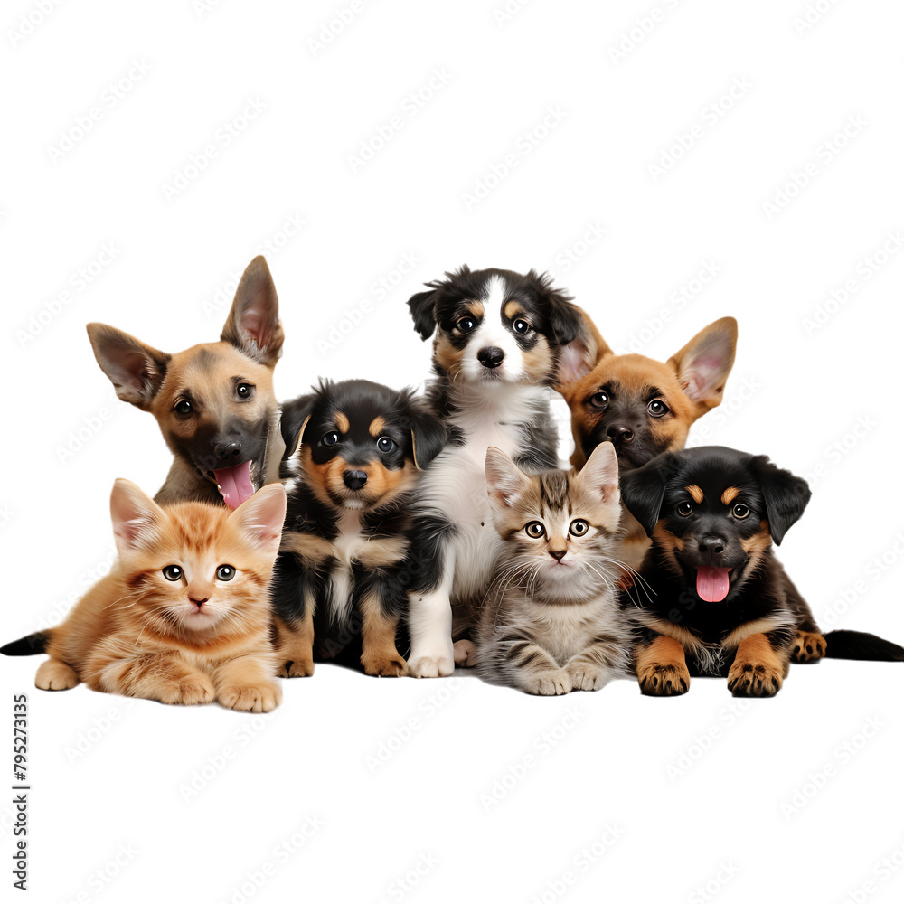 A group of cats and dogs of various breeds and sizes.