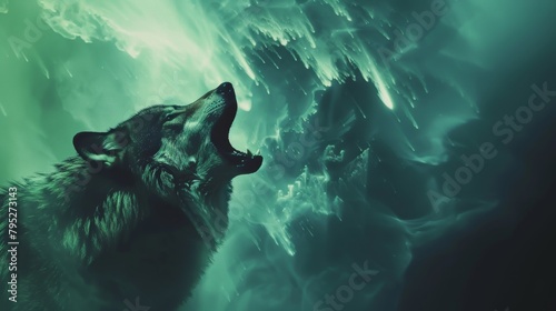 Mystical Fusion: Wolf and Northern Lights Double Exposure