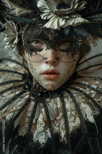 Beautiful young woman from venice festival wearing mask and masquarade clothes close-up photo for youth and healthy skin care concept photo