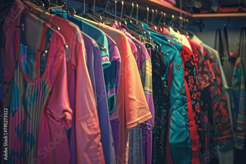Colorful 80s style clothes hanging in a closet, fashion and style concept.