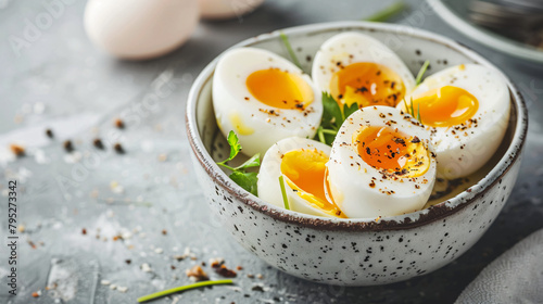 Bowl with soft boiled eggs on grey table