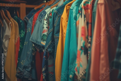 Colorful 80s style clothes hanging in a closet, fashion and style concept.
