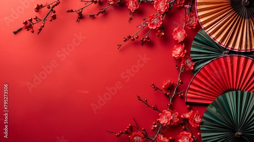 Chinese New Year Banner  Abstract Art with Oriental Dragon and folding paper fans on red background. Lunar New Year Celebration Card Design