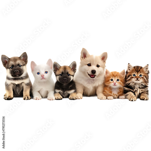 A group of cats and dogs of various breeds and colors are lined up in a row.