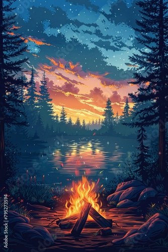 Illustration of a cozy campfire in a retro video game forest setting, made using procedural algorithms. photo