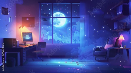  Step into a cozy office room where a laptop sits on a desk, bathed in the soft glow of a lamp. Beyond the glassy window, a starry sky with the moon casts a tranquil light.