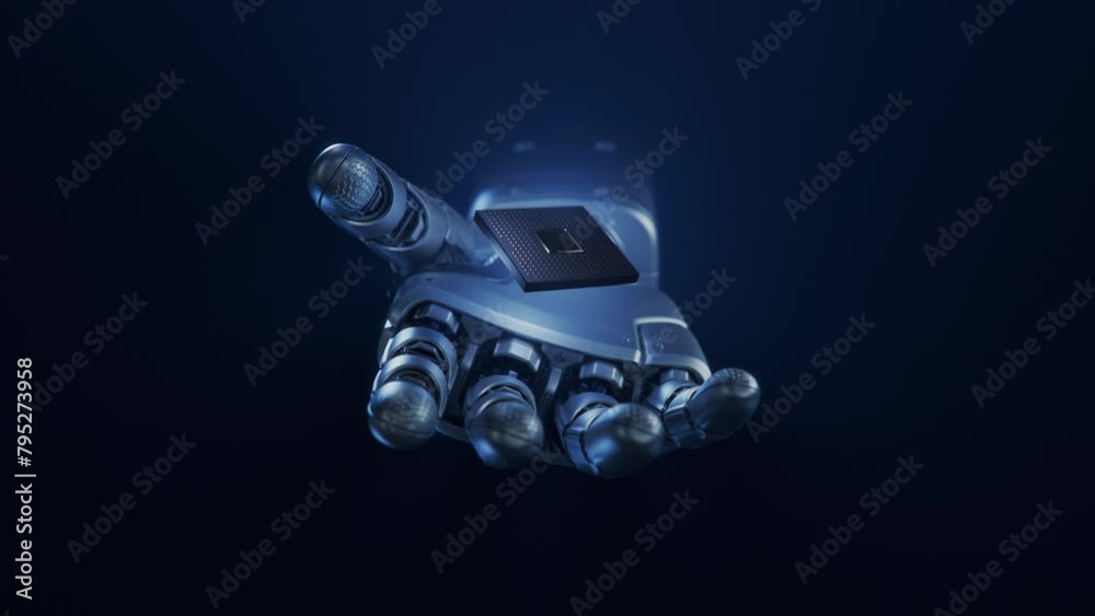 Humanoid Robot Hand Appearing and Offering Innovative and Advanced AI Microchip. Humanoid Robot Hand with Glowing Futuristic GPU or Chip. Concept: Artificial Intelligence Collaboration Humanoid Robot Hand Appearing and Offering Innovative and Advanced AI Microchip. Humanoid Robot Hand with Glowing Futuristic GPU or Chip. Concept: Artificial Intelligence Collaboration