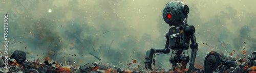 A black android with a cybernetic limb is depicted amidst a mound of machinery components in a digital artwork created in an illustrative painting style. photo