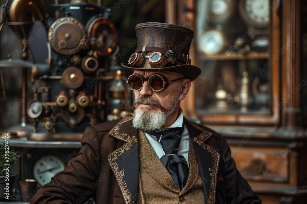 Man with top hat and glasses in steampunk style.