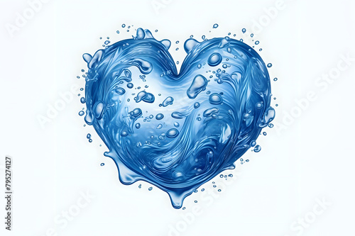 Liquid Heart Shape with Water Splashes. Illustration of a heart made of water splashes, isolated on white, symbolizing love for water, purity, and environmental conservation. © Yuliia