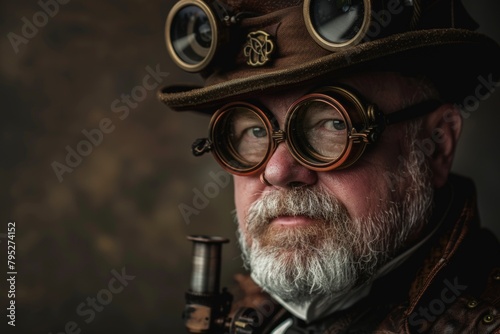 Man with top hat and glasses in steampunk style. photo