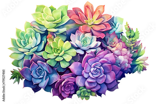 Vibrant Succulent Cluster Illustration. A lush illustration of assorted succulents with vibrant colors, isolated on white, great for botanical art, home decor, and garden themes. © Yuliia