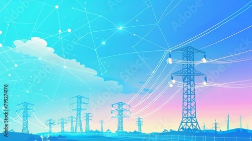 High power electricity poles in urban area connected to smart grid. Energy supply, distribution of energy, transmitting energy, energy transmission, high voltage supply concept photo.