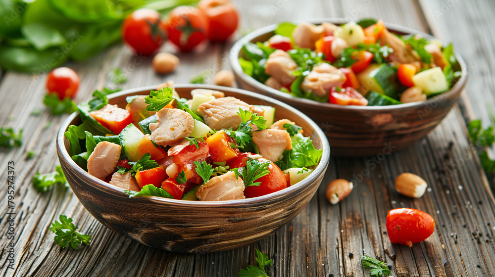 Bowls of tasty salad with fresh vegetables and chicken
