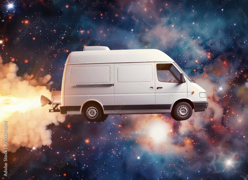 White delivery van flying in space with a rocket engine, concept of delivery, logistics, transportation.