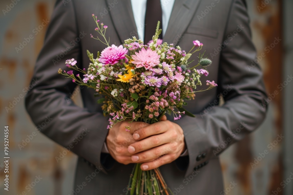 A gentleman in formal attire carries a bunch of roses A gentleman in formal attire carries a bunch of roses
