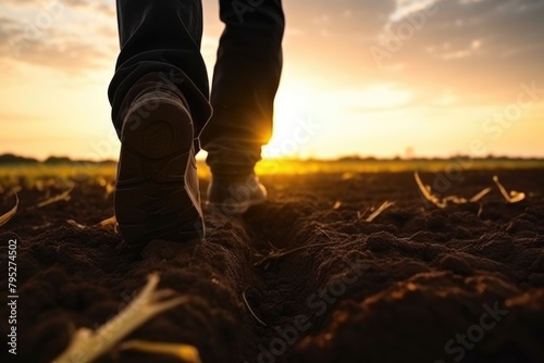 A close-up of boots treading on parched soil against a sunset, highlighting themes of exploration and environmental challenges. Person Walking on Dry Cracked Earth at Sunset