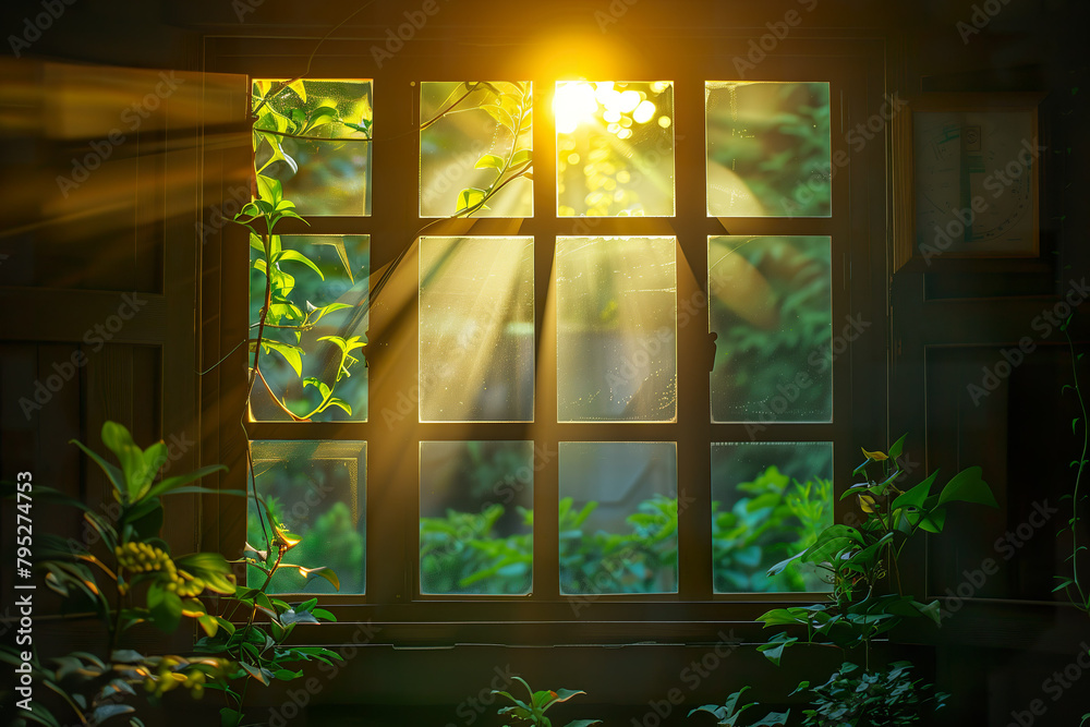 Sunlight streaming through an open window into a room. Sunlight streaming through an open window into a room.
