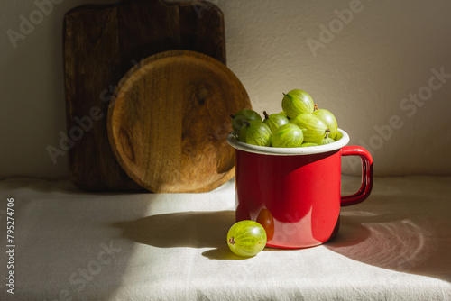 Gooseberry in a red enamel mug in sunlight