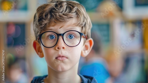 A schoolboy boy with glasses and protruding ears against the background of a school