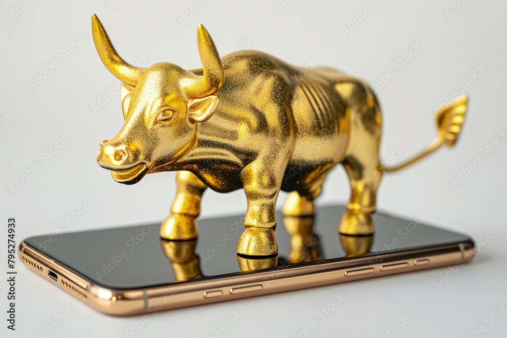 Bar graph on cell phone screen with golden bull, concept of financial market, business. Bar graph on cell phone screen with golden bull, concept of financial market, business.