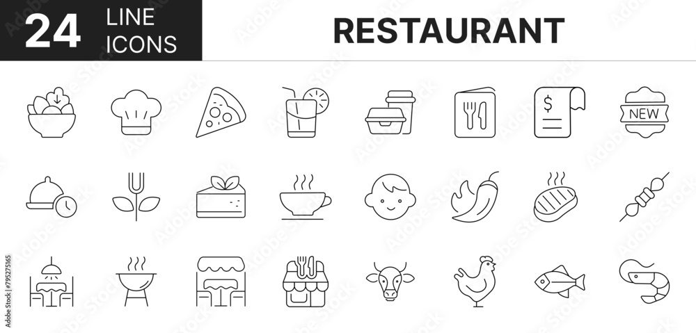 Collection of 24 restaurant line icons featuring editable strokes. These outline icons depict various modes of restaurant. Bar, beef, beer, bill, buffet, chef, 