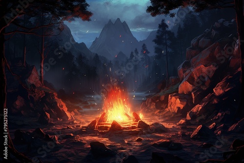 Mystical forest with big rocks around a bonfire, fantasy concept.