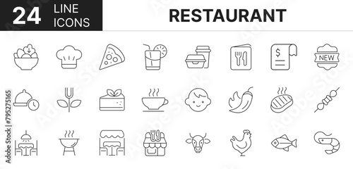 Collection of 24 restaurant line icons featuring editable strokes. These outline icons depict various modes of restaurant. Bar, beef, beer, bill, buffet, chef, 