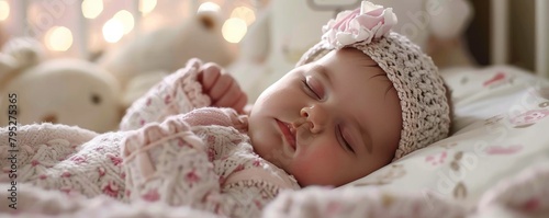 Close-up of a newborn baby girl peacefully sleeping in the crib.
