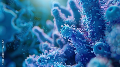 Close up of 3D microscopic blue bacteria