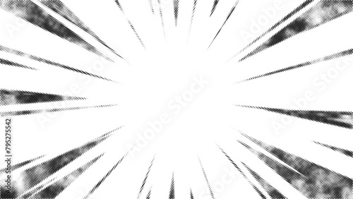 Black radial halftone comic book style action line isolated on transparent background. Speed abstract explosive polka, fast boom zoom, manga comics action design frame. Vector illustration