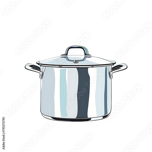 This nostalgic illustration of a large pot with lid in chrome, clipart on a white background, in the style of a flat design