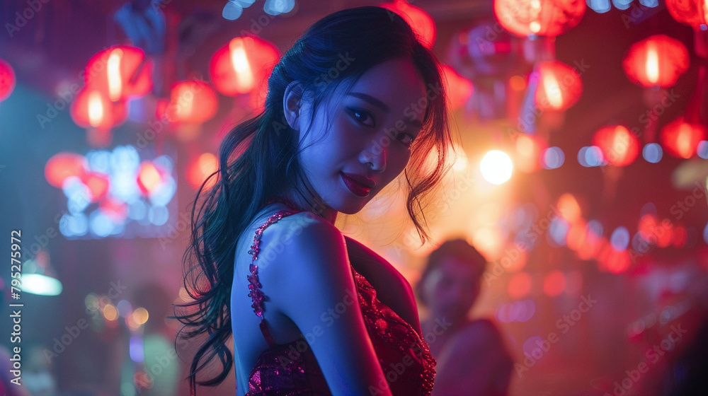 Asian Dancer In A Nightclub, Perfect For Nightlife, Entertainment, And Party-Themed Content