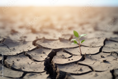 A young plant emerges from parched, cracked earth, symbolizing hope and resilience. New Life Sprouting in Arid Cracked Ground