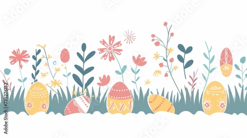 Brightly colored Easter eggs and vibrant spring flowers scattered across a lush green grassy field on a clean white background