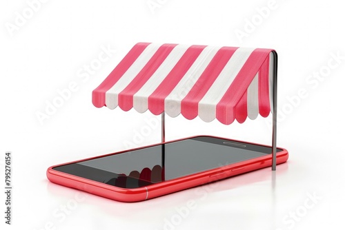 Cell phone with awning on the screen, concept of online stores, online business, and e-commerce. photo