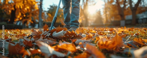 Collection of fallen leaves in autumn park. Raking leaves with a rake. Volunteering and seasonal gardening concept. photo