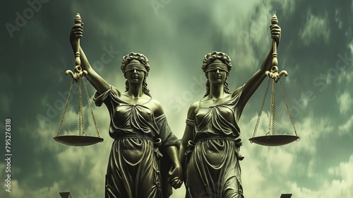 The Statue of Justice symbol, legal law concept image. two statues of scales holding hands blindfolded with holding scales against a background of a gloomy sky