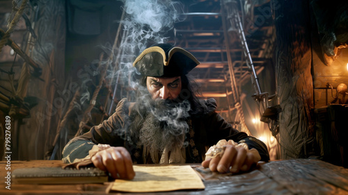 Blackbeard Pirate Captain leans over a desk inside his Pirate Ship Galleon