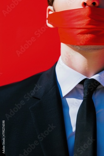 Person in a suit with a red band around his mouth, concept of censorship, freedom of expression, press.