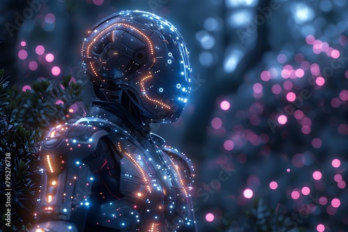 Futuristic Biocybernetic Humanoid Standing Amidst Vibrant Digital Forest
