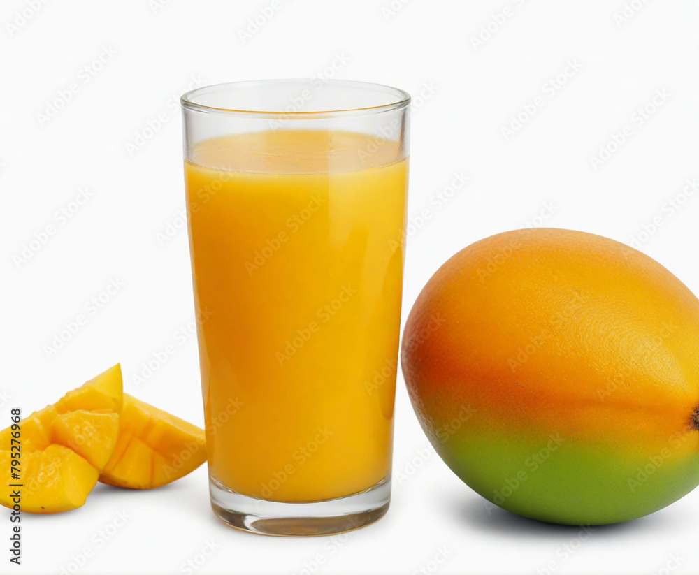 Full glass of Mango Juice and mango, cut out on white background