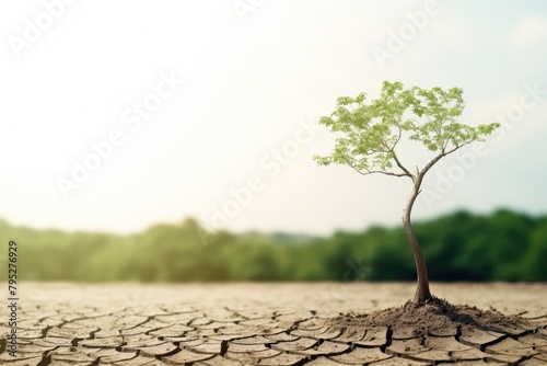 A solitary young tree sprouts from the cracked earth, symbolizing hope and resilience amidst environmental adversity. Single Tree Growing on Cracked Earth