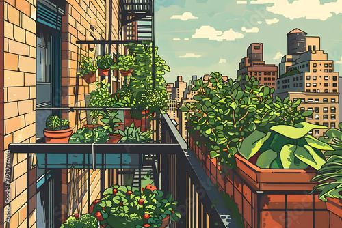 An urban garden on a high-rise balcony, drawn in a retro poster style on an urban farming green background 