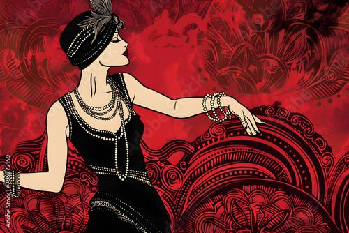 A 1920s flapper dancing to jazz, beads swaying, captured in a roaring twenties illustration style on a speakeasy crimson background