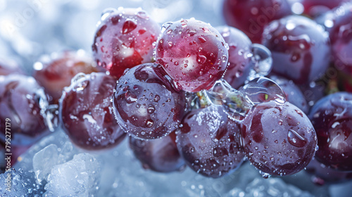 Bunch of ripe grapes in ice closeup