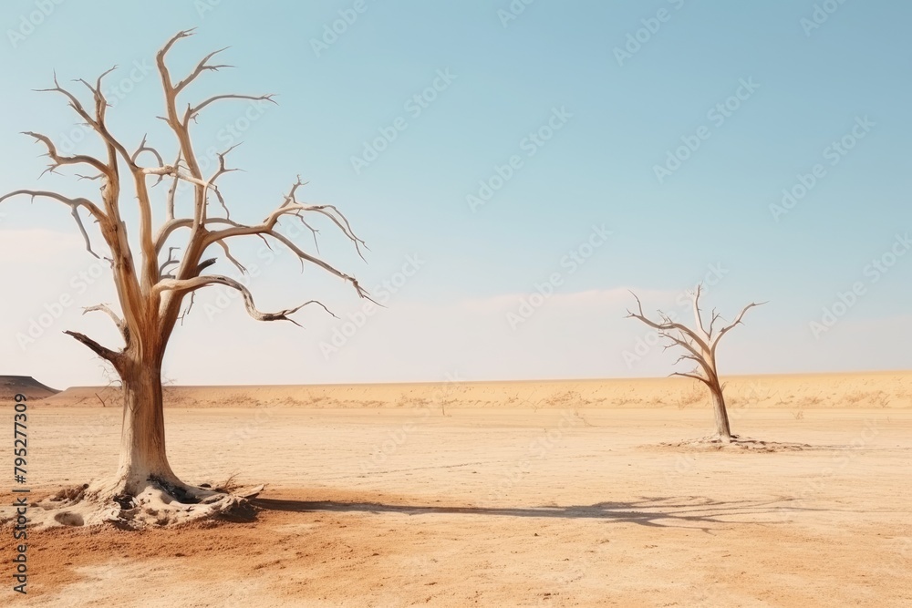 Bare, dead trees stand in stark contrast against the desert sands of Deadvlei in Namibia, conveying desolation. Desert Trees in Vast African Landscape