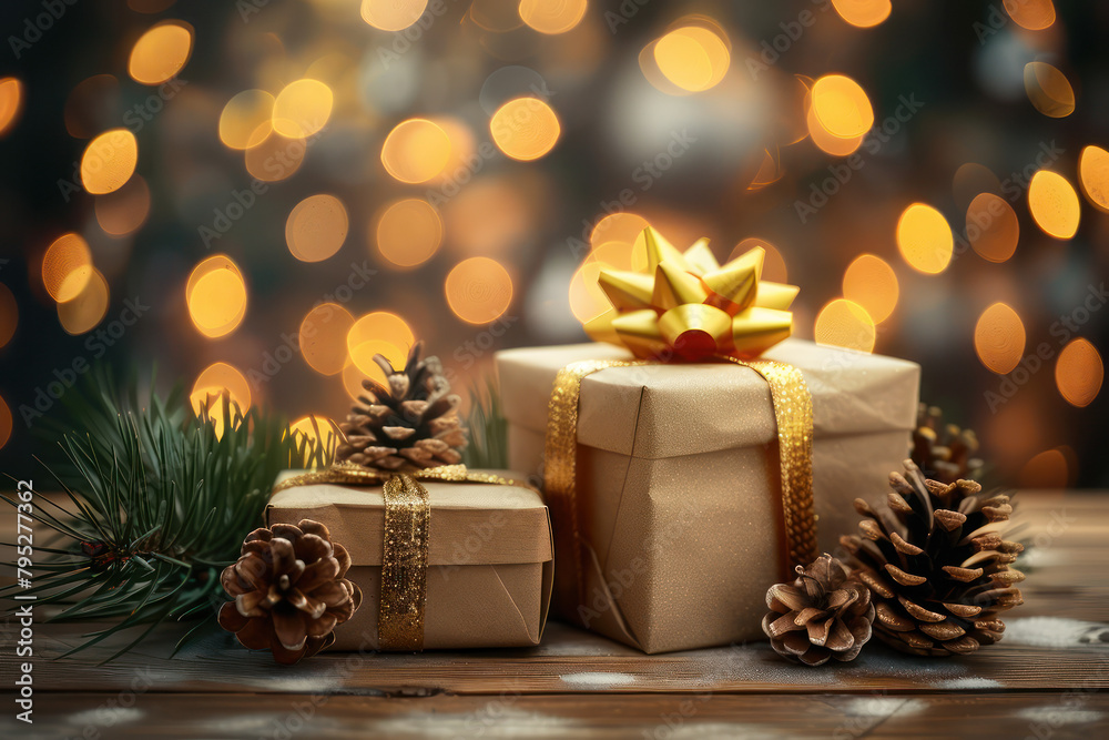 Two gift boxes with golden ribbons and pine cones on a wooden table against blurred lights in a Christmas background. Generative Ai Image.